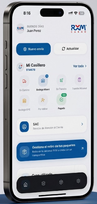 Vista de la app RYM Cargo con los estados de los paquetes y opciones para gestionar retiros
